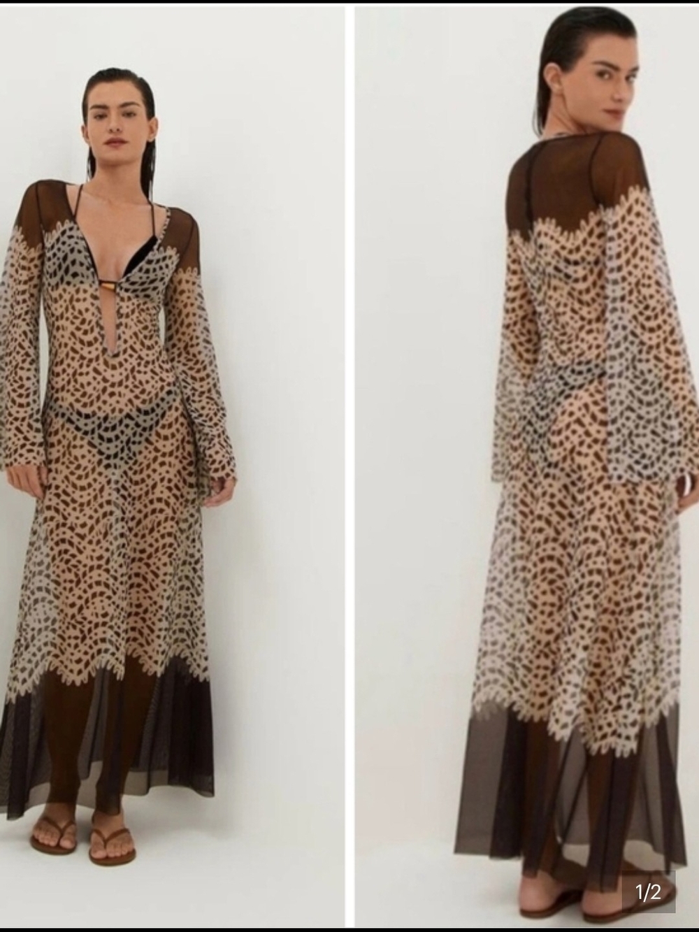 Caroline Constas Sheer Leopard-Print Maxi Coverup in Black and Brown